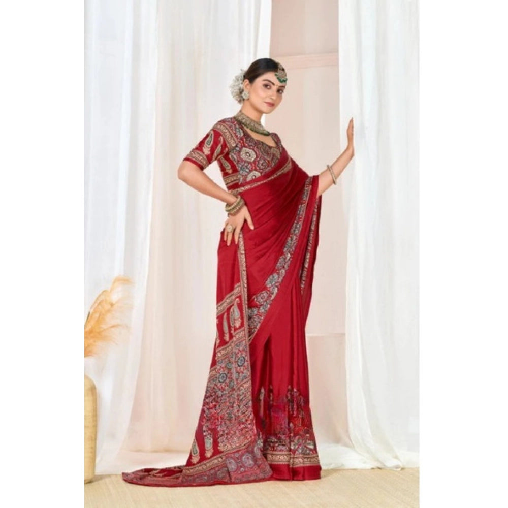 Women's Crepe Printed Saree With Unstitched Blouse 5.5 Mtr (Maroon)