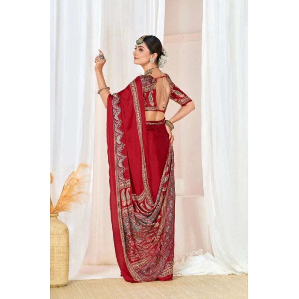 Women's Crepe Printed Saree With Unstitched Blouse 5.5 Mtr (Maroon)