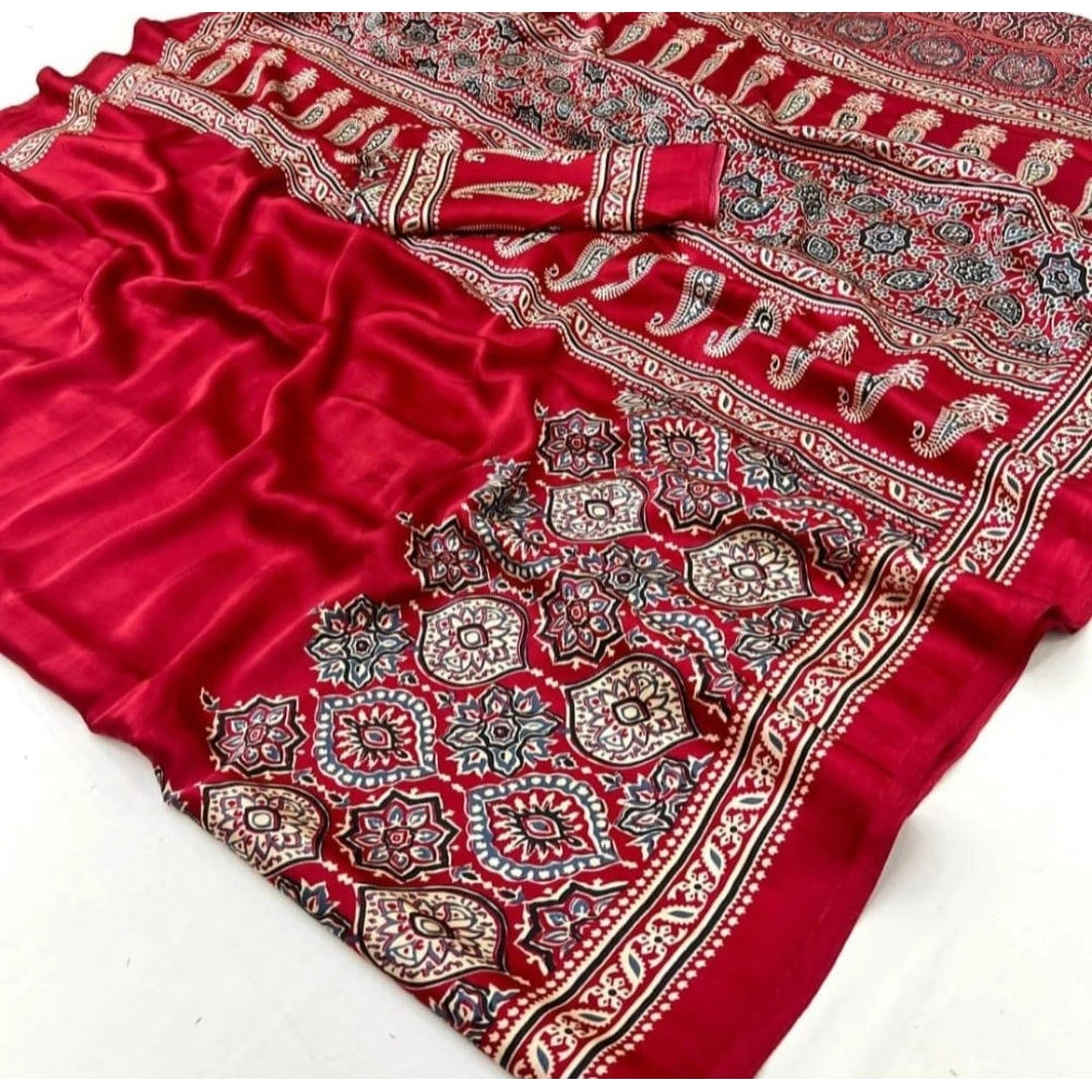Women's Crepe Printed Saree With Unstitched Blouse 5.5 Mtr (Maroon)