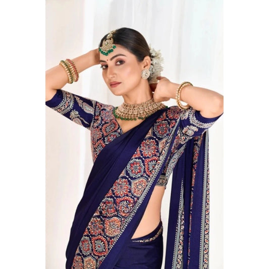 Women's Crepe Printed Saree With Unstitched Blouse 5.5m (Navy Blue)