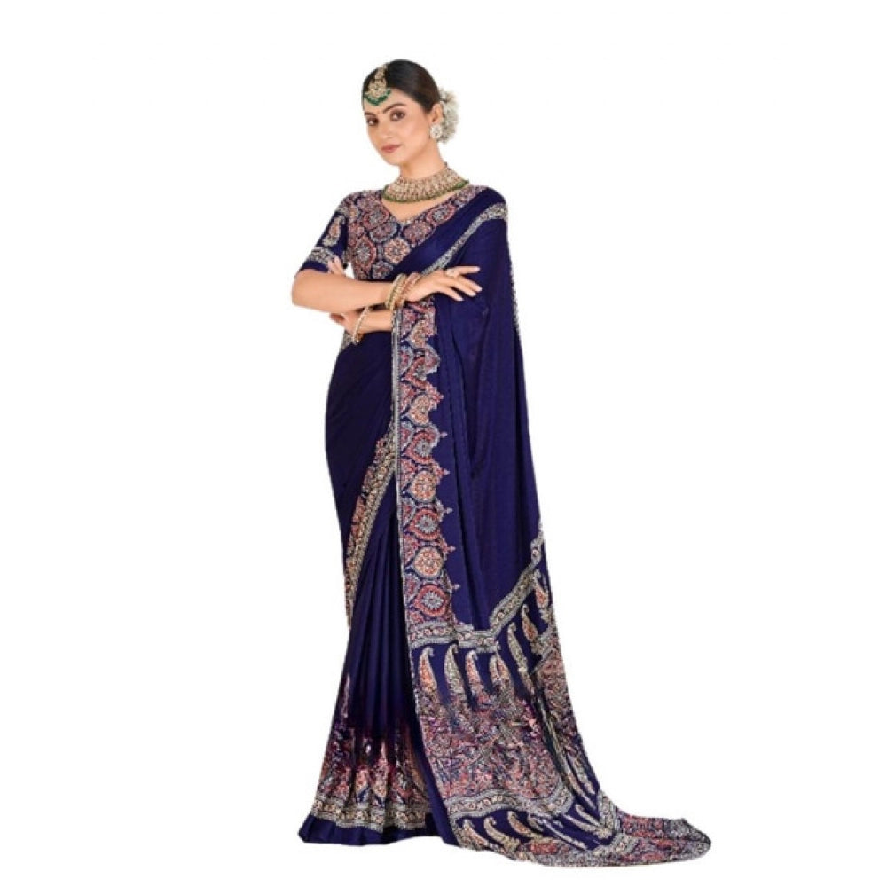 Women's Crepe Printed Saree With Unstitched Blouse 5.5 Mtr (Navy Blue)