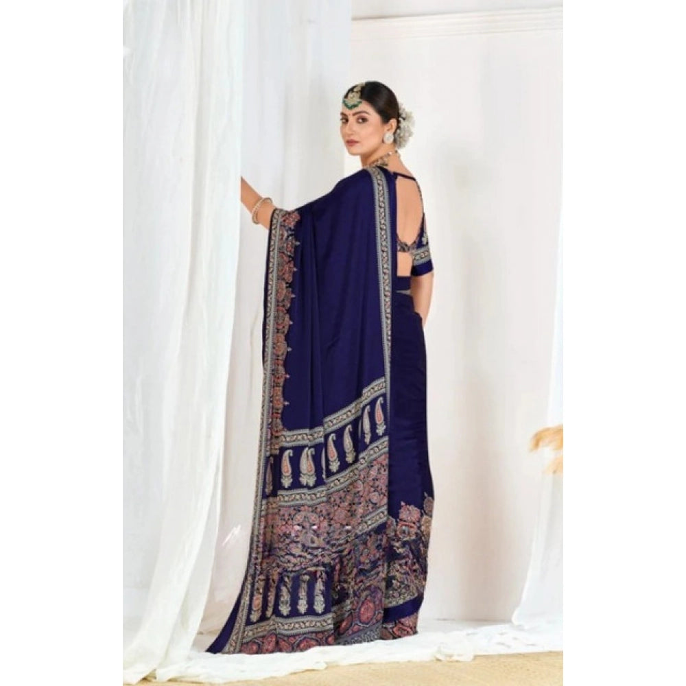 Women's Crepe Printed Saree With Unstitched Blouse 5.5 Mtr (Navy Blue)
