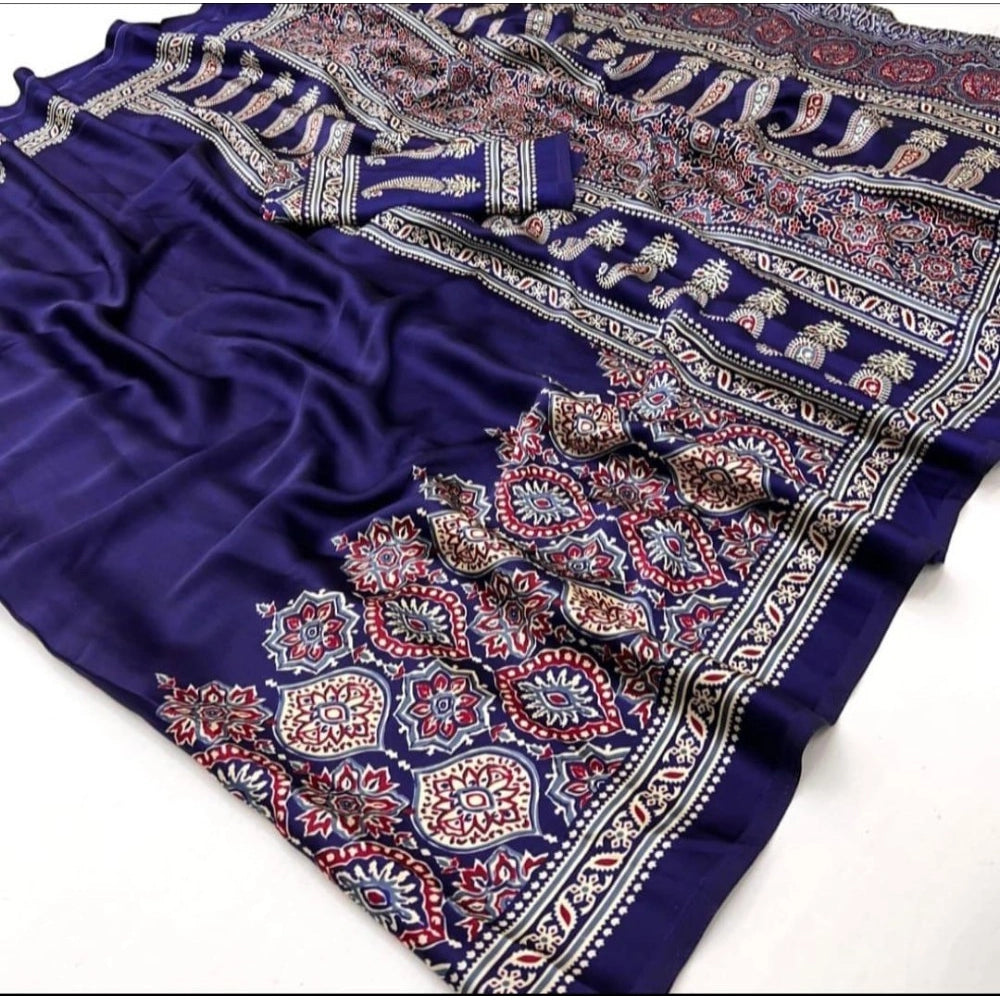 Women's Crepe Printed Saree With Unstitched Blouse 5.5 Mtr (Navy Blue)