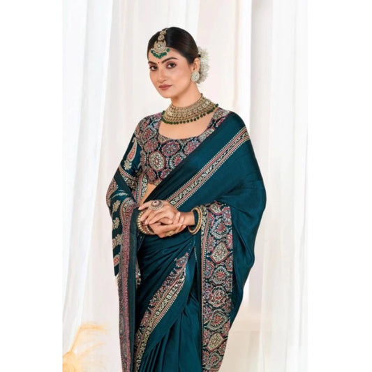 Women's Crepe Printed Saree With Unstitched Blouse 5.5m (Teal)