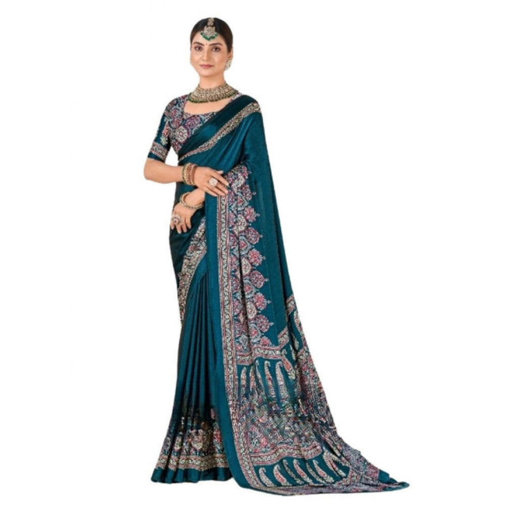 Women's Crepe Printed Saree With Unstitched Blouse 5.5 Mtr (Teal)