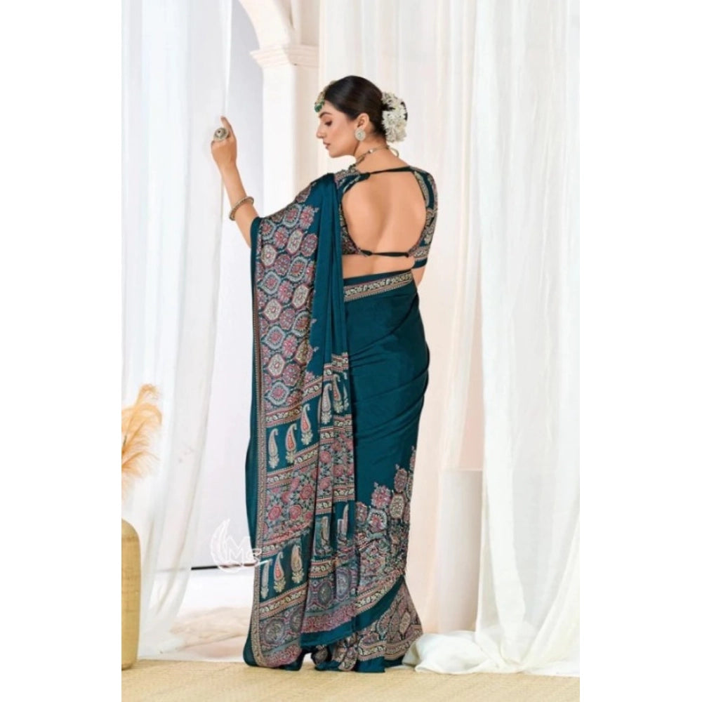 Women's Crepe Printed Saree With Unstitched Blouse 5.5 Mtr (Teal)