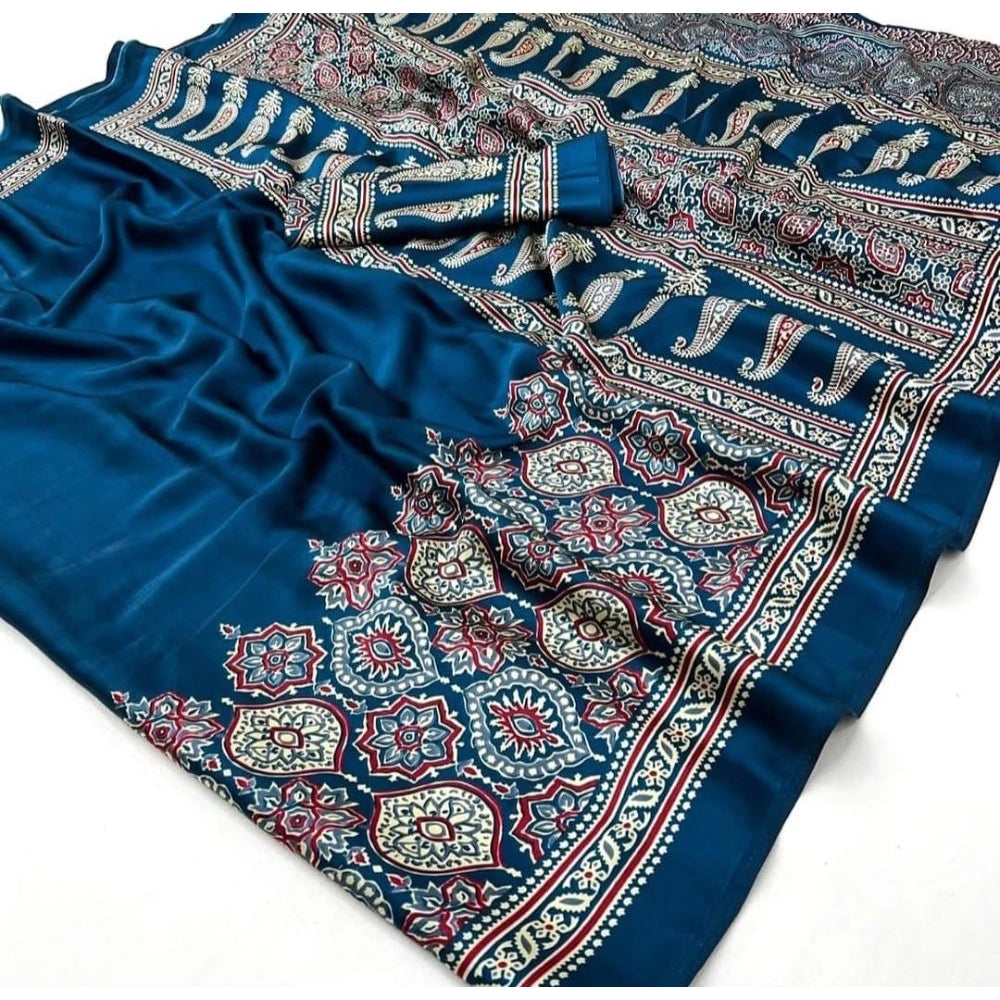 Women's Crepe Printed Saree With Unstitched Blouse 5.5 Mtr (Teal)