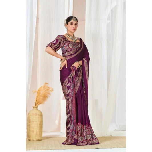 Women's Crepe Printed Saree With Unstitched Blouse 5.5m (Wine)
