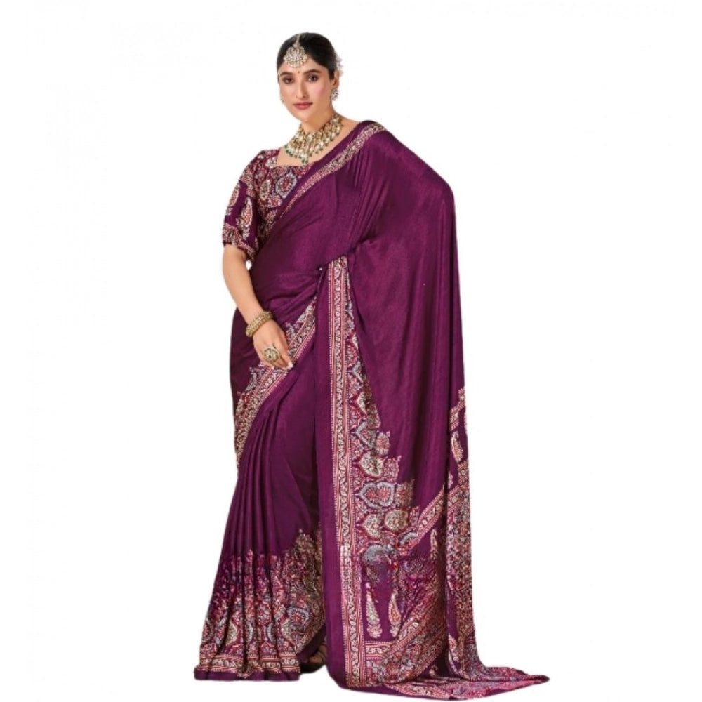 Women's Crepe Printed Saree With Unstitched Blouse 5.5 Mtr (Wine)