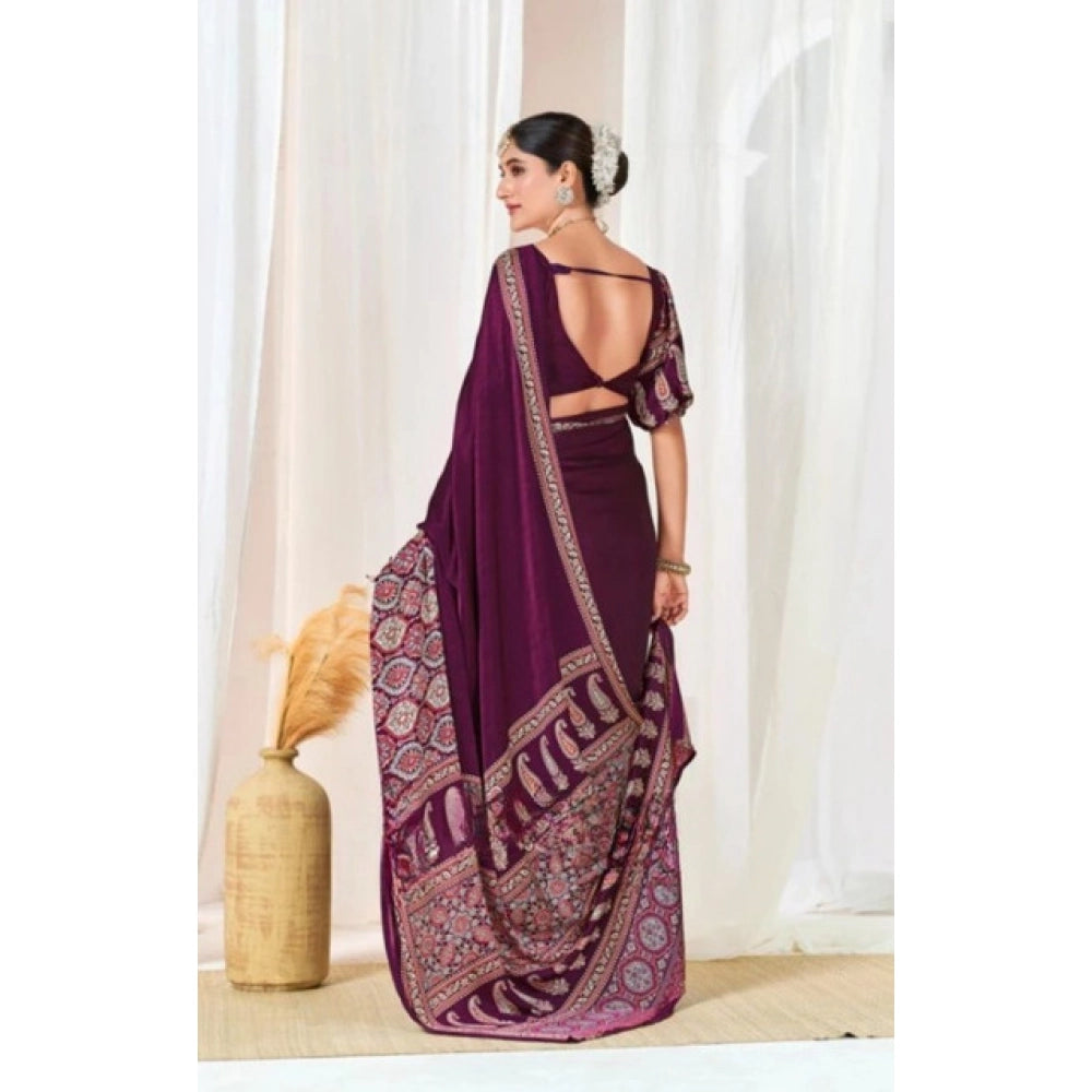 Women's Crepe Printed Saree With Unstitched Blouse 5.5 Mtr (Wine)