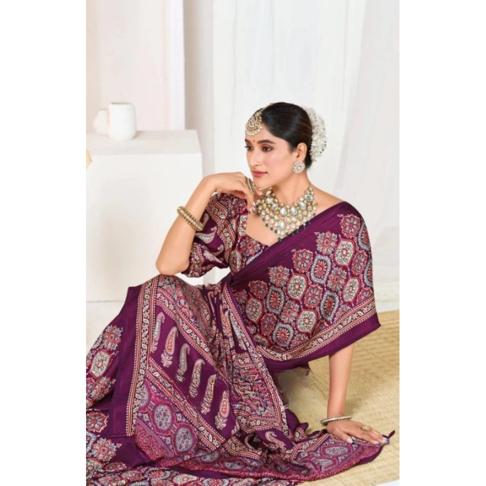 Women's Crepe Printed Saree With Unstitched Blouse 5.5 Mtr (Wine)