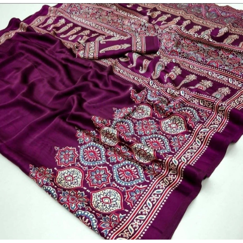 Women's Crepe Printed Saree With Unstitched Blouse 5.5 Mtr (Wine)