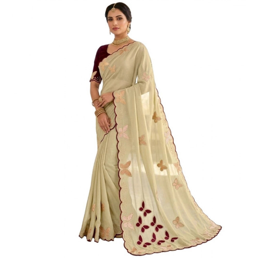Women's Star Georgette Embellished Saree With Unstitched Blouse 5.5 Mtr (Beige-Maroon)