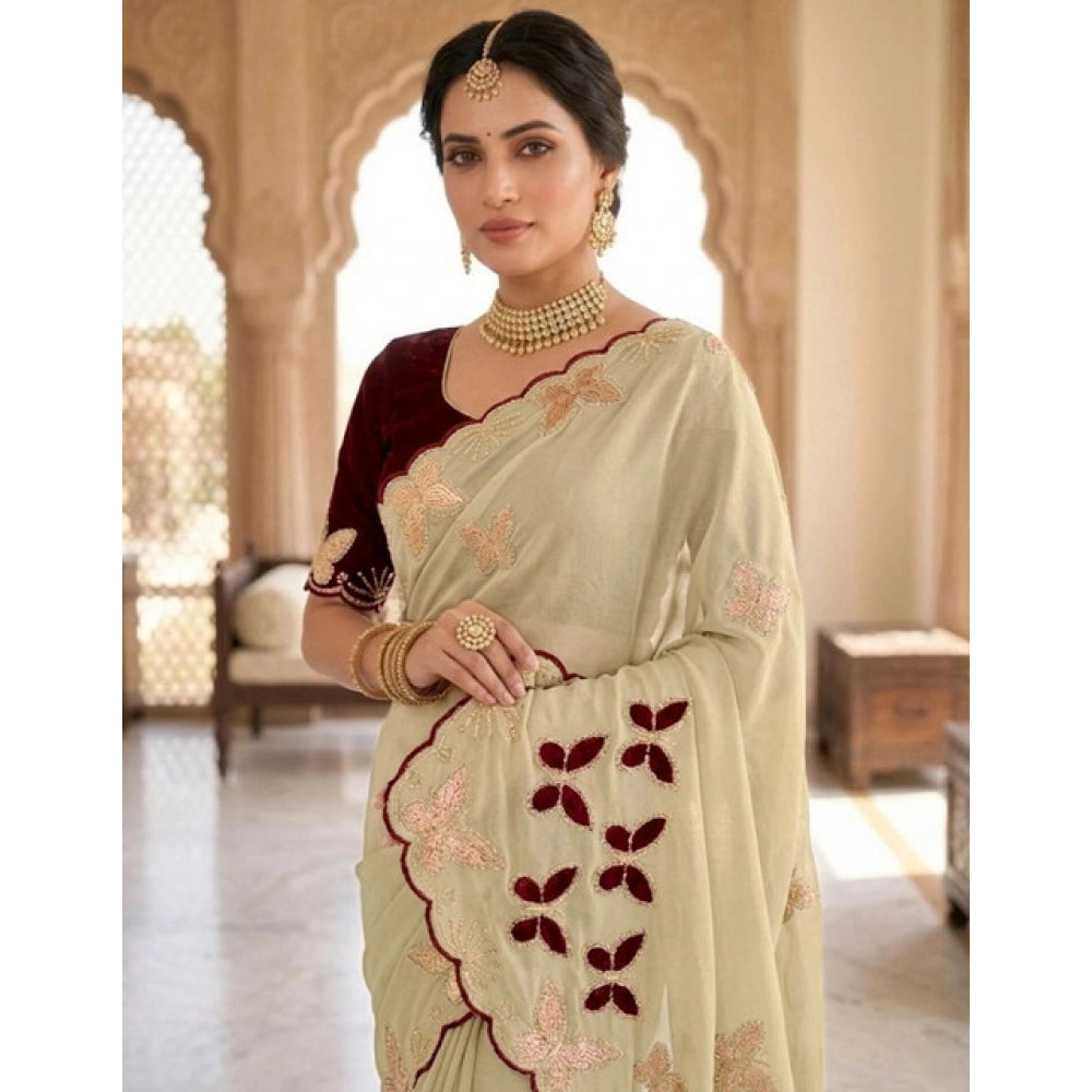 Women's Star Georgette Embellished Saree With Unstitched Blouse 5.5 Mtr (Beige-Maroon)