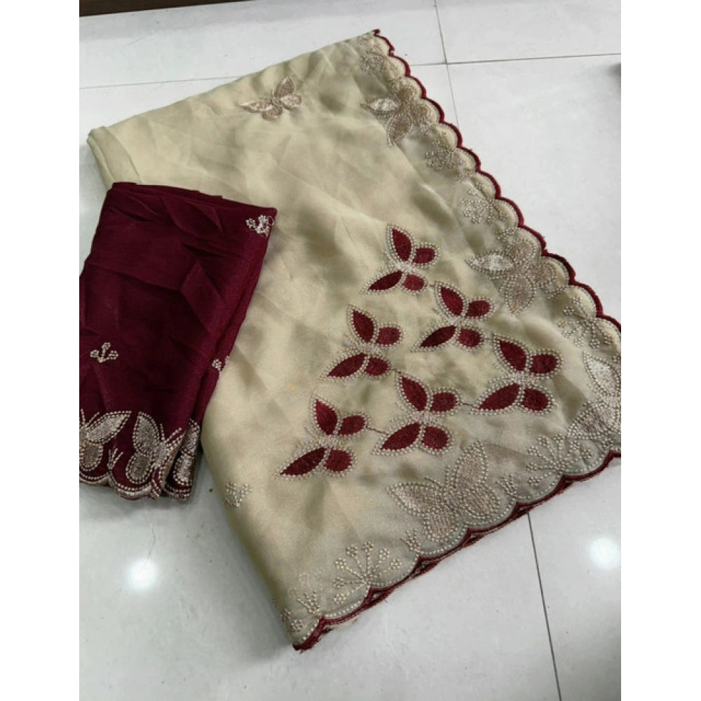 Women's Star Georgette Embellished Saree With Unstitched Blouse 5.5 Mtr (Beige-Maroon)
