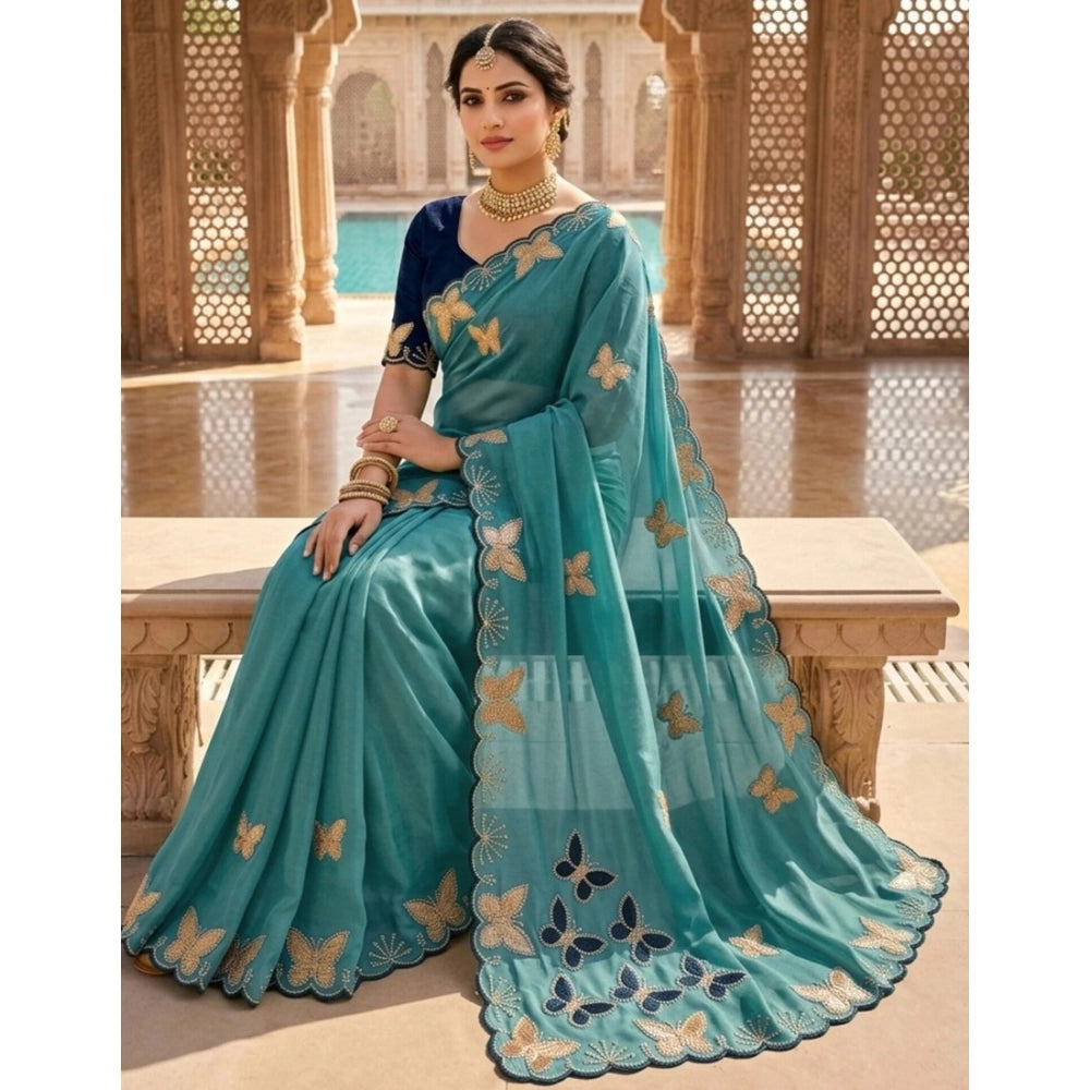 Women's Star Georgette Embellished Saree With Unstitched Blouse 5.5 Mtr (Blue)