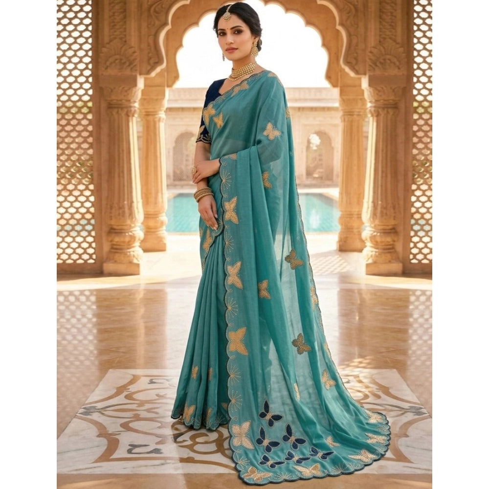 Women's Star Georgette Embellished Saree With Unstitched Blouse 5.5 Mtr (Blue)