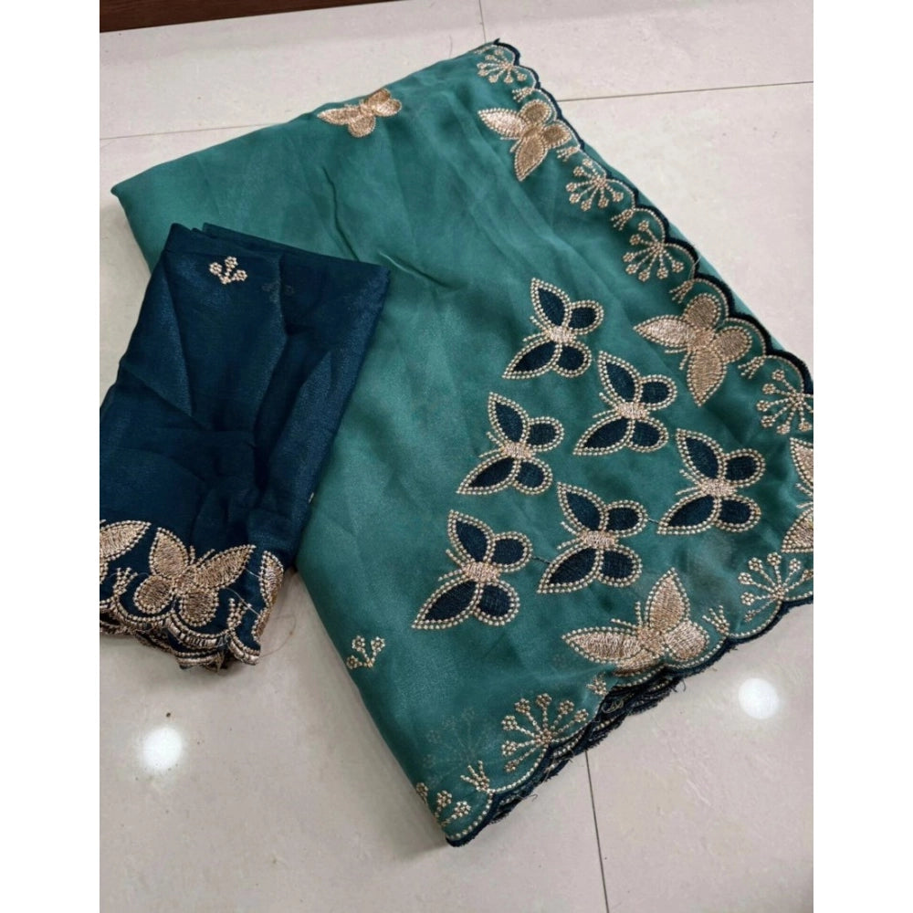 Women's Star Georgette Embellished Saree With Unstitched Blouse 5.5 Mtr (Blue)
