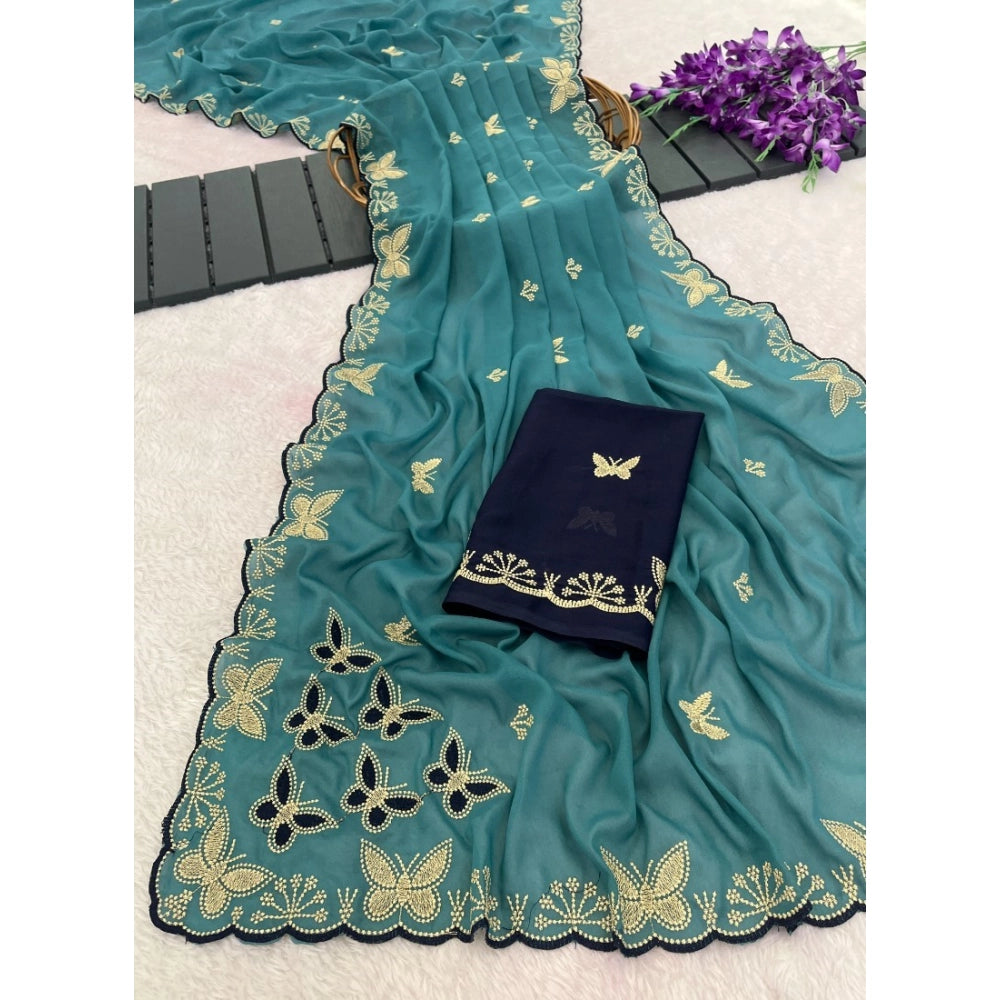 Women's Star Georgette Embellished Saree With Unstitched Blouse 5.5 Mtr (Blue)