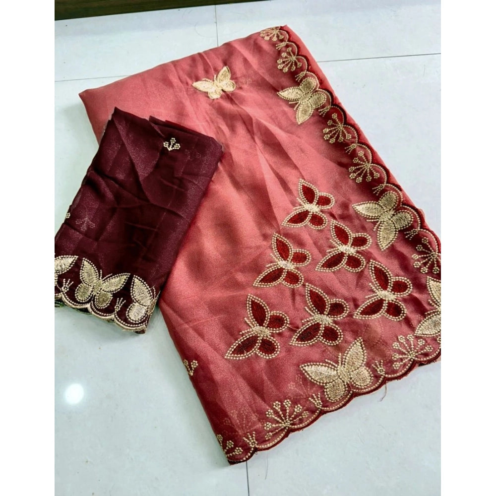 Women's Star Georgette Embellished Saree With Unstitched Blouse 5.5 Mtr (Dusty Coral-Maroon)