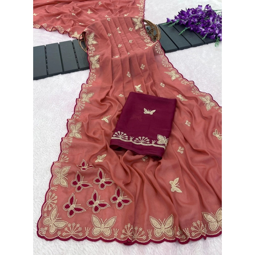 Women's Star Georgette Embellished Saree With Unstitched Blouse 5.5 Mtr (Dusty Coral-Maroon)