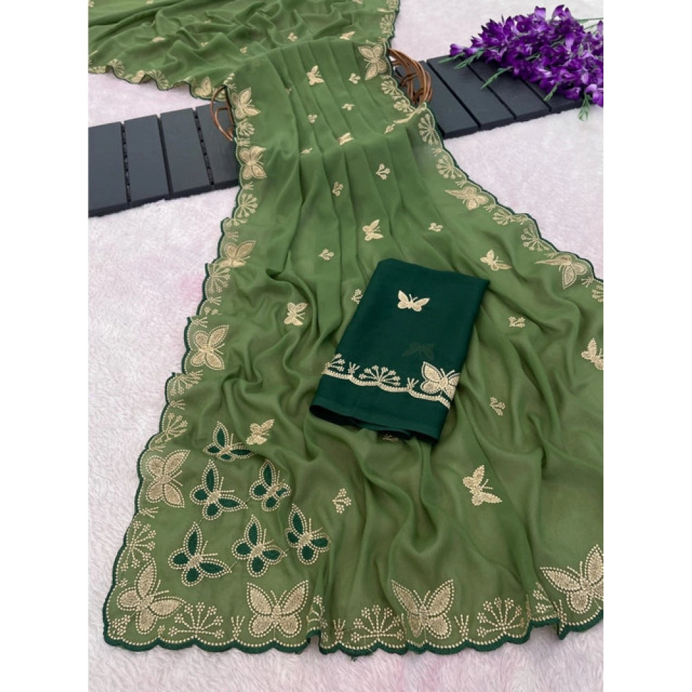 Women's Star Georgette Embellished Saree With Unstitched Blouse 5.5 Mtr (Green)
