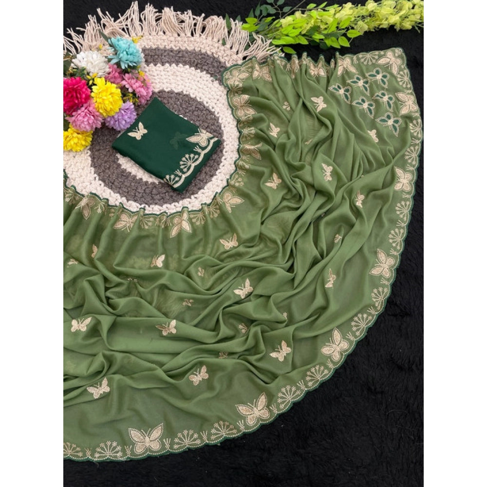 Women's Star Georgette Embellished Saree With Unstitched Blouse 5.5 Mtr (Green)