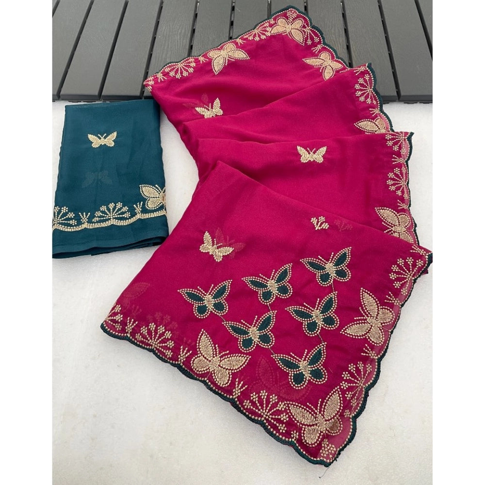 Women's Star Georgette Embellished Saree With Unstitched Blouse 5.5 Mtr (Magenta-Green)