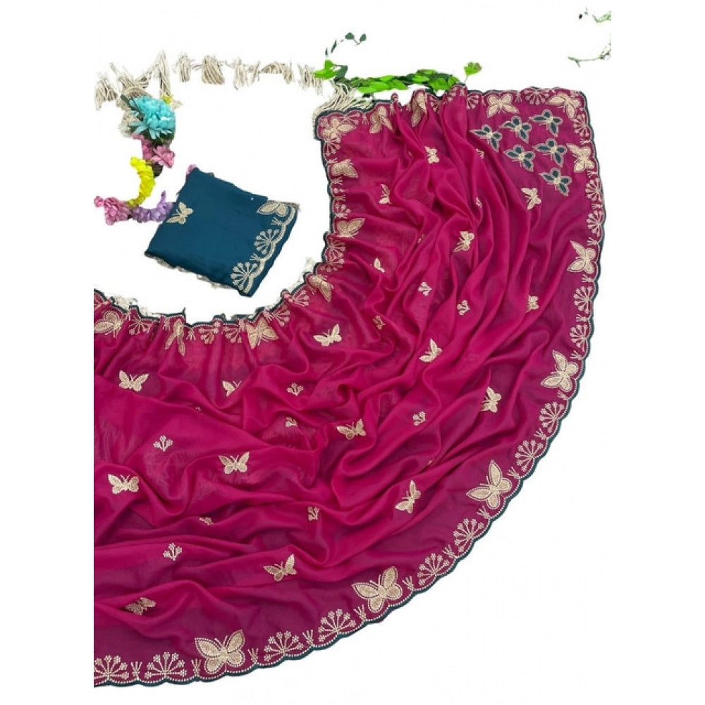 Women's Star Georgette Embellished Saree With Unstitched Blouse 5.5 Mtr (Magenta-Green)