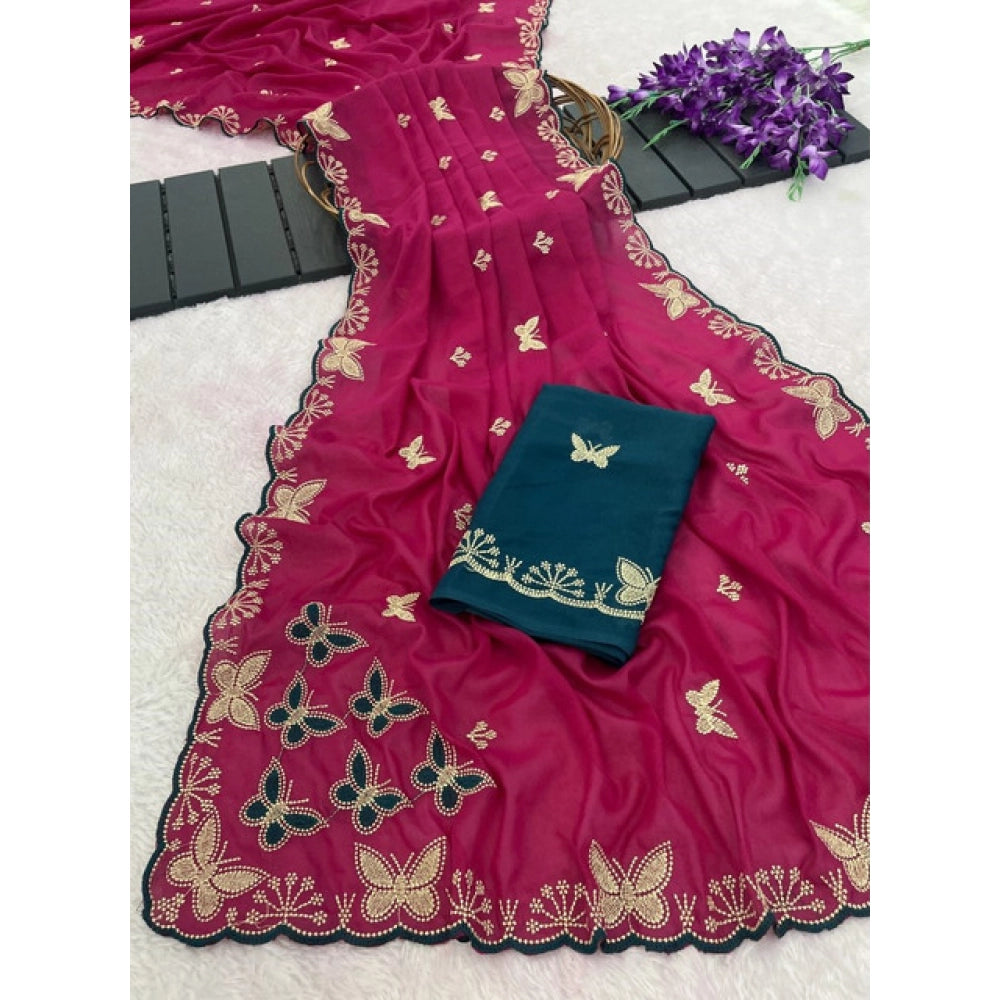 Women's Star Georgette Embellished Saree With Unstitched Blouse 5.5 Mtr (Magenta-Green)