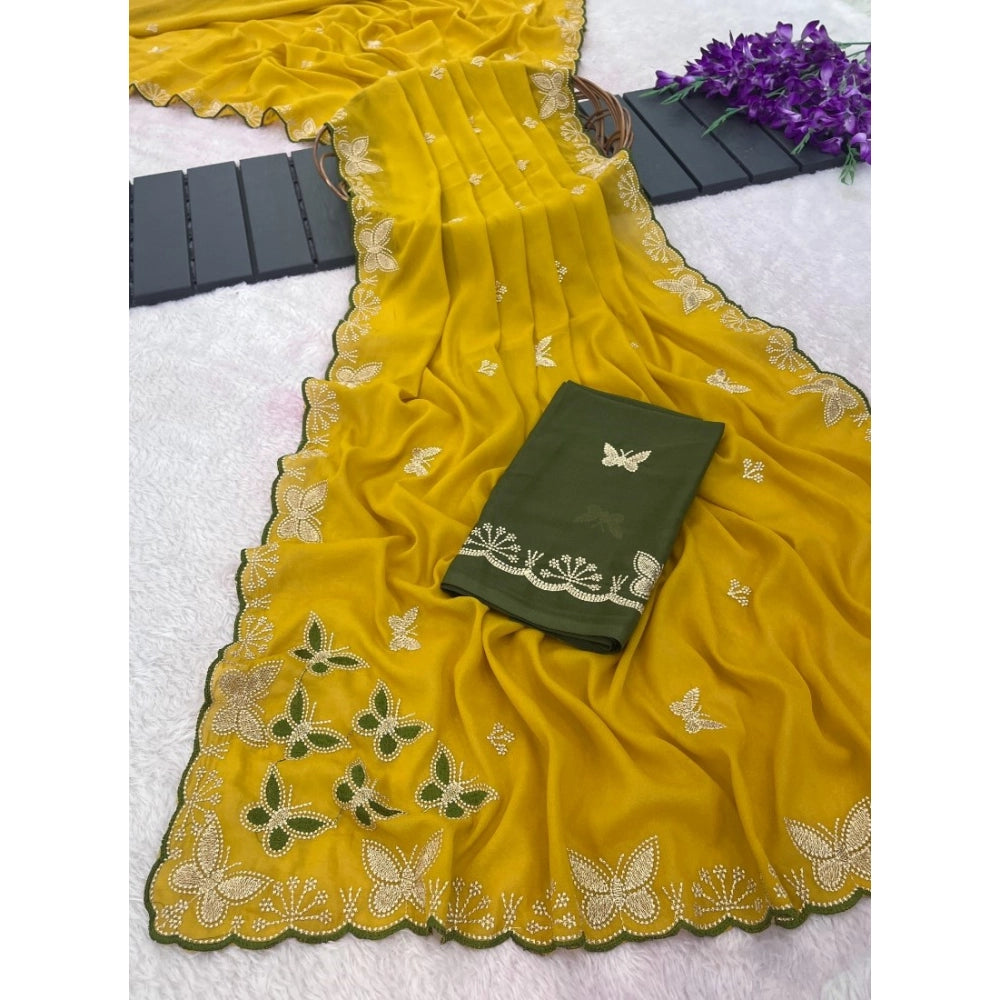 Women's Star Georgette Embellished Saree With Unstitched Blouse 5.5 Mtr (Mustard)