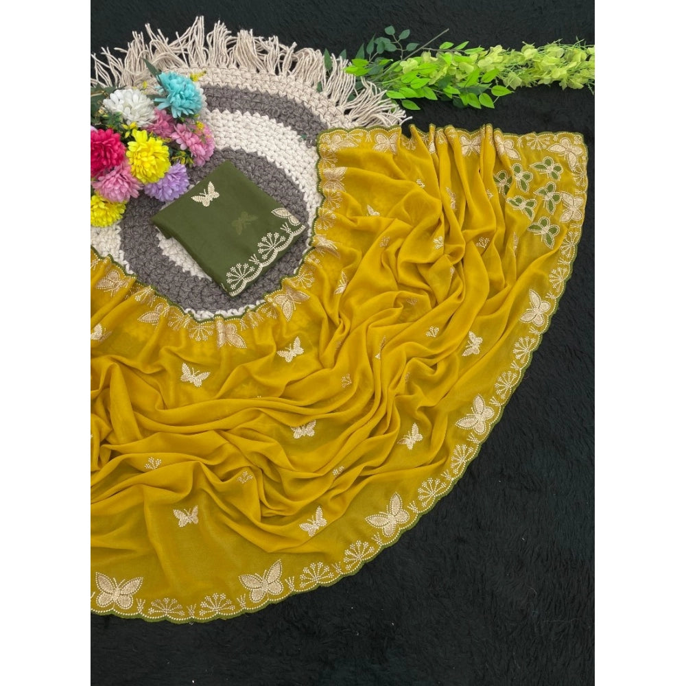 Women's Star Georgette Embellished Saree With Unstitched Blouse 5.5 Mtr (Mustard)