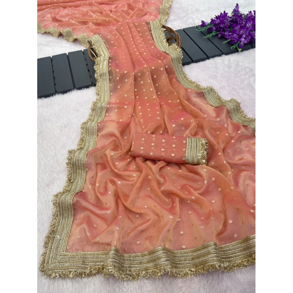 Women's Silk Embellished Saree With Unstitched Blouse 5.5 Mtr (Peach)