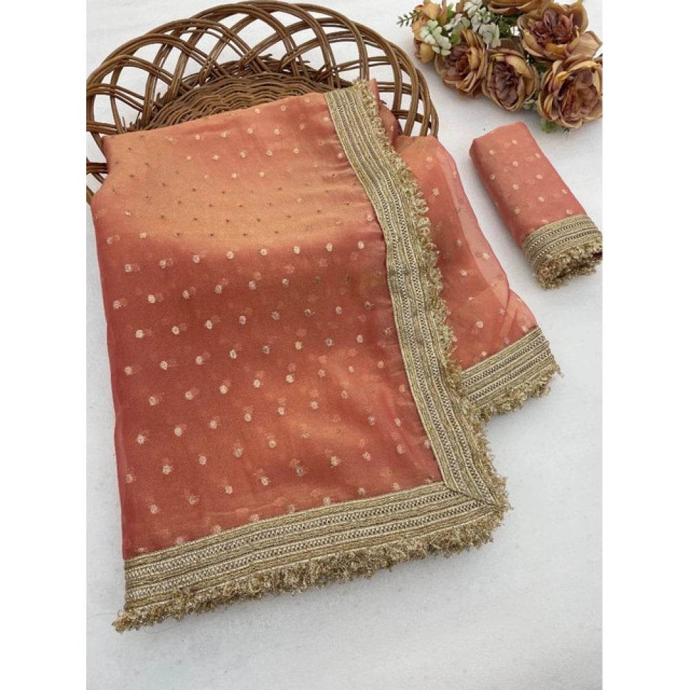Women's Silk Embellished Saree With Unstitched Blouse 5.5 Mtr (Peach)
