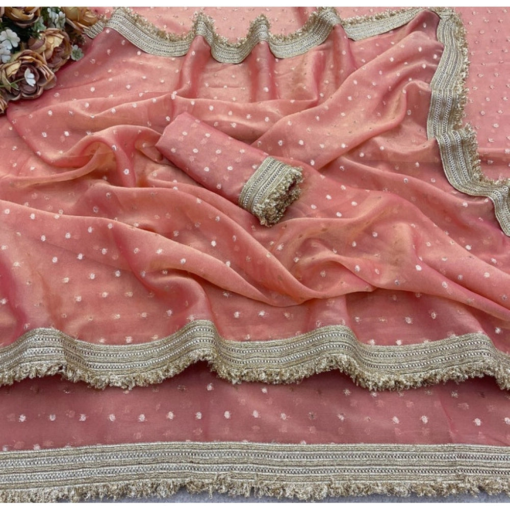 Women's Silk Embellished Saree With Unstitched Blouse 5.5 Mtr (Peach)