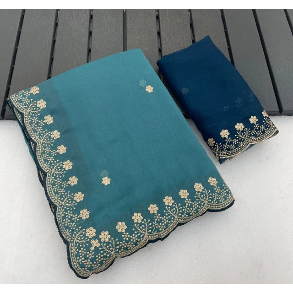 Women's Star Georgette Embroidered Saree With Unstitched Blouse 5.5 Mtr (Blue)
