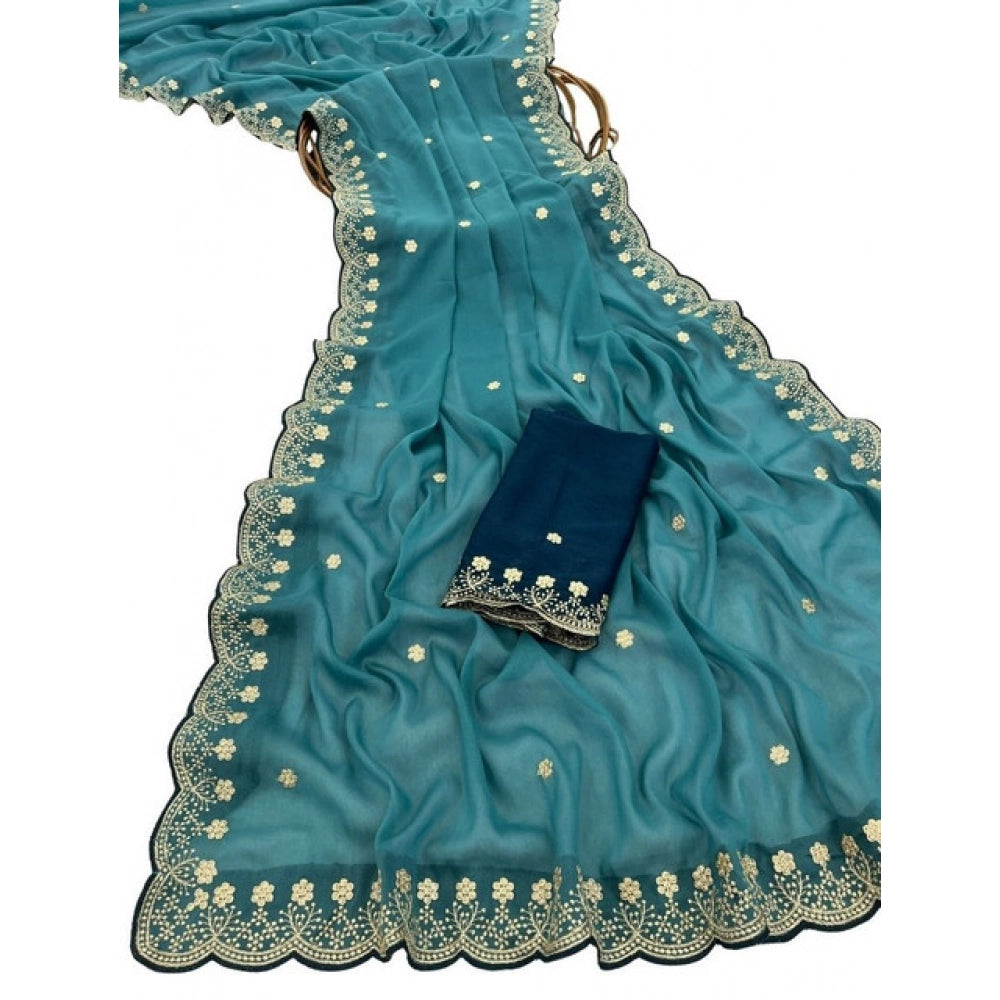 Women's Star Georgette Embroidered Saree With Unstitched Blouse 5.5 Mtr (Blue)
