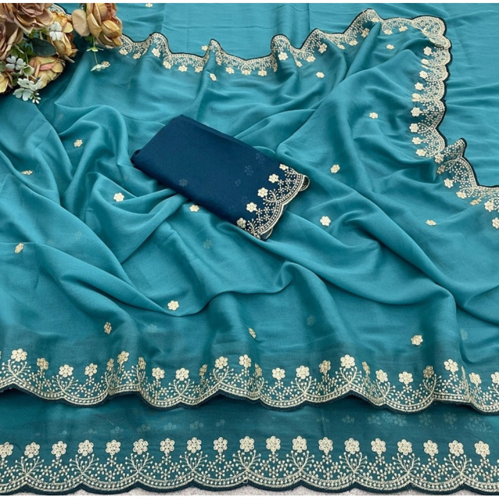 Women's Star Georgette Embroidered Saree With Unstitched Blouse 5.5 Mtr (Blue)