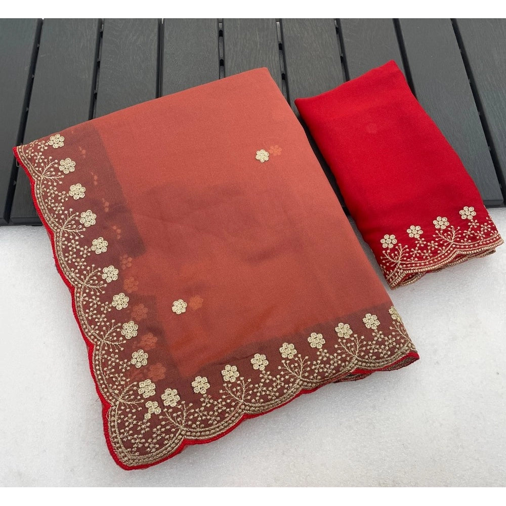 Women's Star Georgette Embroidered Saree With Unstitched Blouse 5.5 Mtr (Orange)