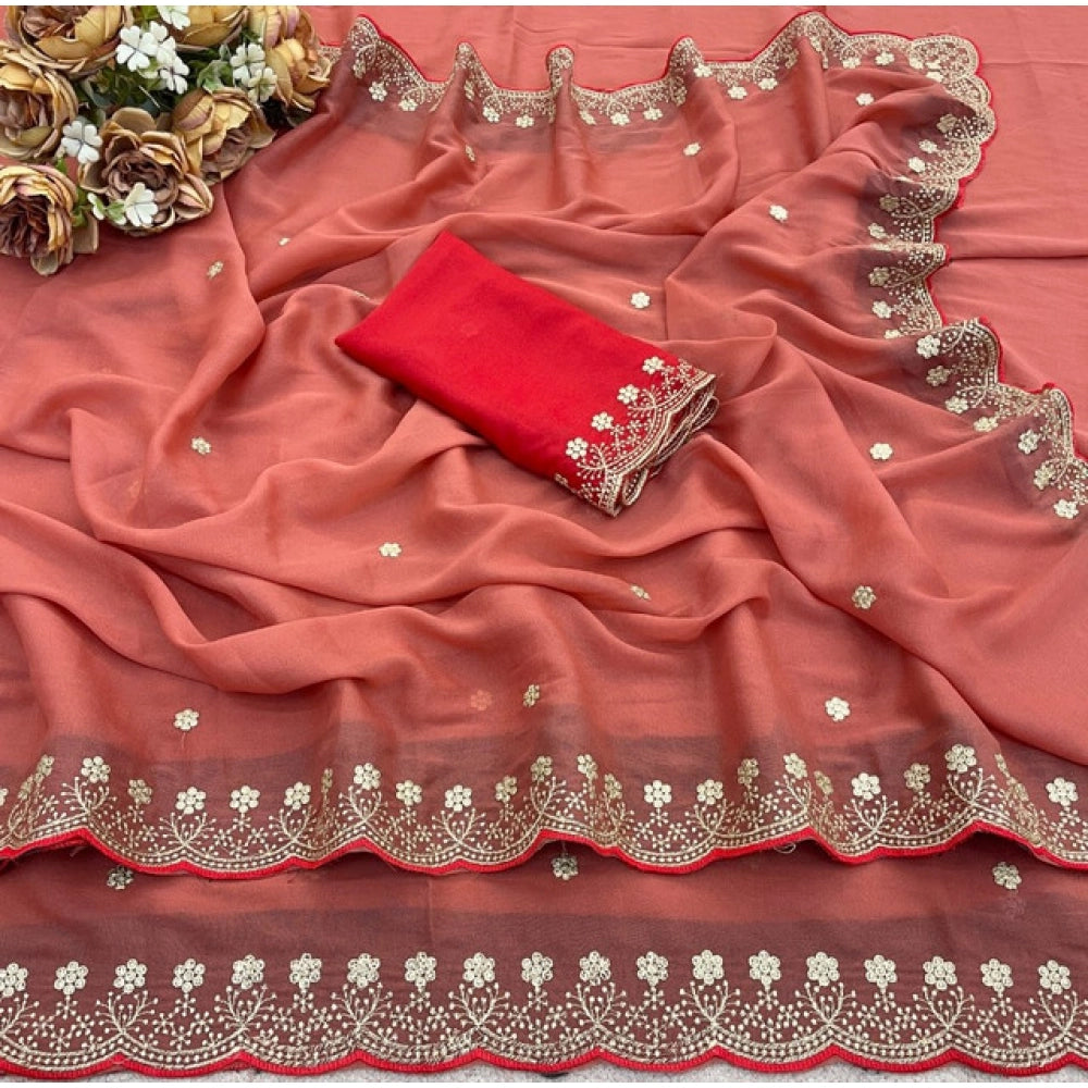 Women's Star Georgette Embroidered Saree With Unstitched Blouse 5.5 Mtr (Orange)