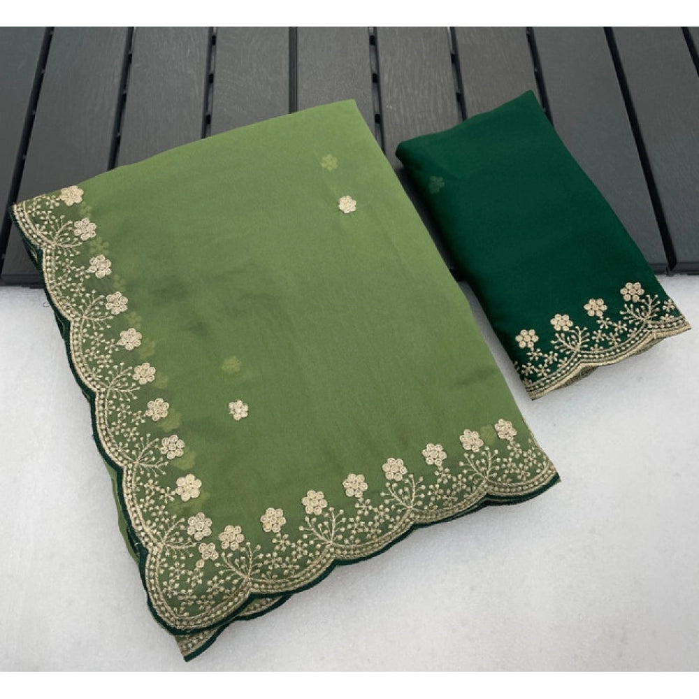 Women's Star Georgette Embroidered Saree With Unstitched Blouse 5.5 Mtr (Green)