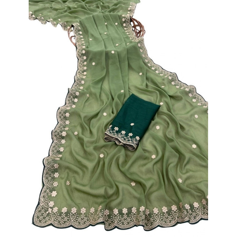 Women's Star Georgette Embroidered Saree With Unstitched Blouse 5.5 Mtr (Green)