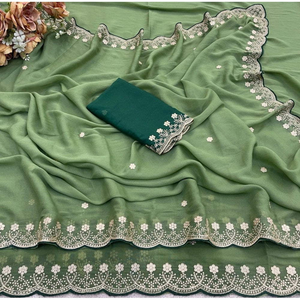 Women's Star Georgette Embroidered Saree With Unstitched Blouse 5.5 Mtr (Green)
