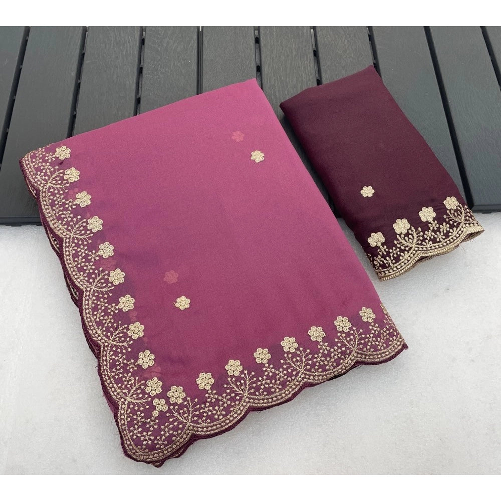 Women's Star Georgette Embroidered Saree With Unstitched Blouse 5.5 Mtr (Pink)