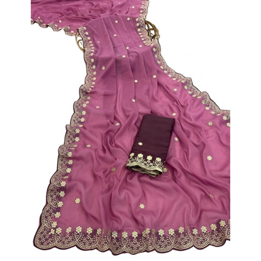 Women's Star Georgette Embroidered Saree With Unstitched Blouse 5.5 Mtr (Pink)