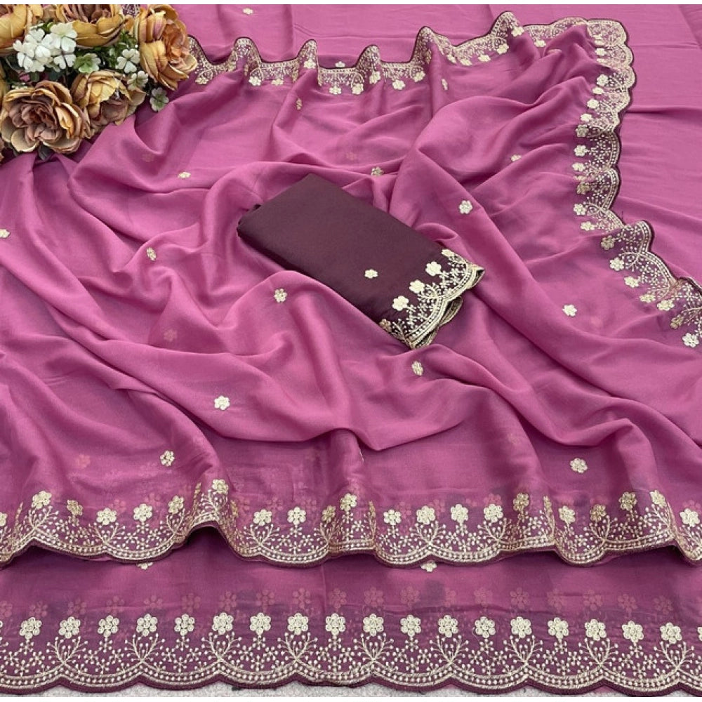 Women's Star Georgette Embroidered Saree With Unstitched Blouse 5.5 Mtr (Pink)