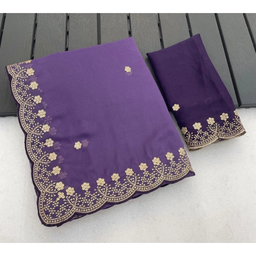 Women's Star Georgette Embroidered Saree With Unstitched Blouse 5.5 Mtr (Purple)