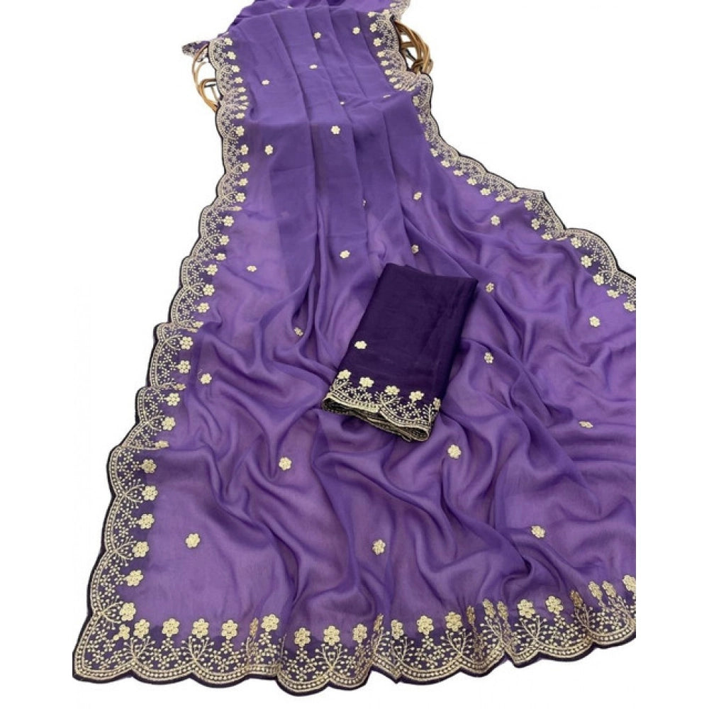 Women's Star Georgette Embroidered Saree With Unstitched Blouse 5.5 Mtr (Purple)
