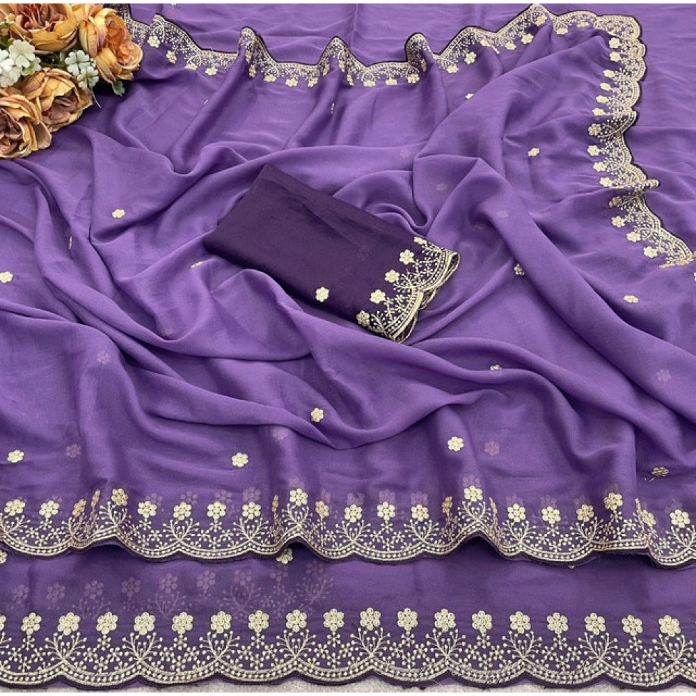 Women's Star Georgette Embroidered Saree With Unstitched Blouse 5.5 Mtr (Purple)