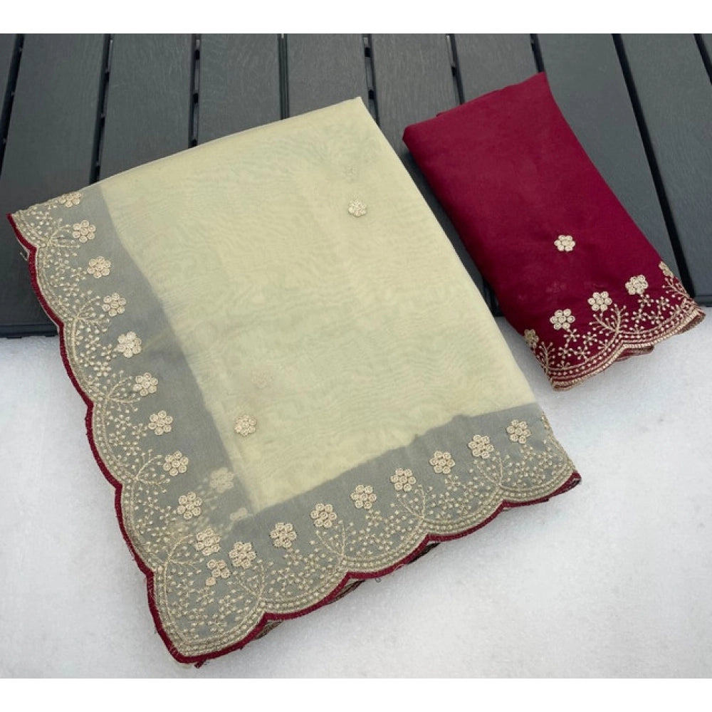 Women's Star Georgette Embroidered Saree With Unstitched Blouse 5.5 Mtr (Off White)